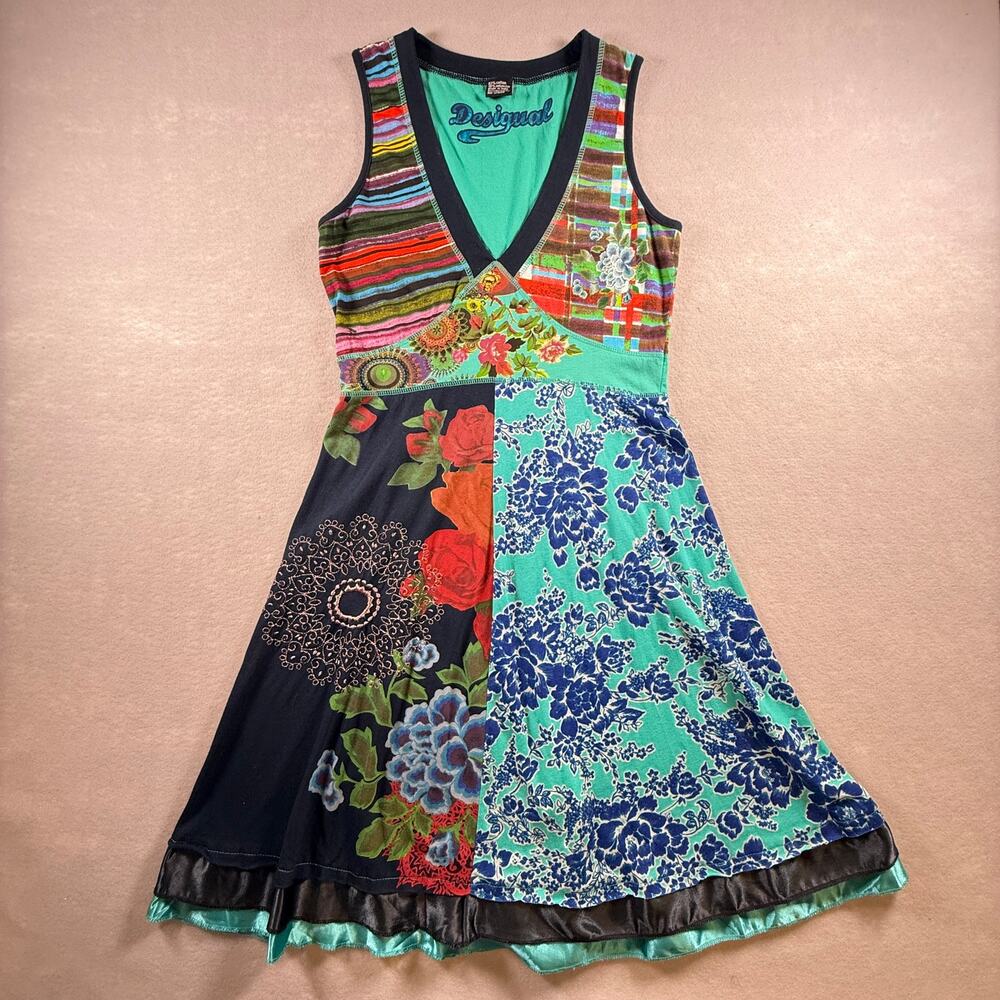 Vtg Y2K Desigual tank top dress - v neck multi fabric floral stripes lagenlook L